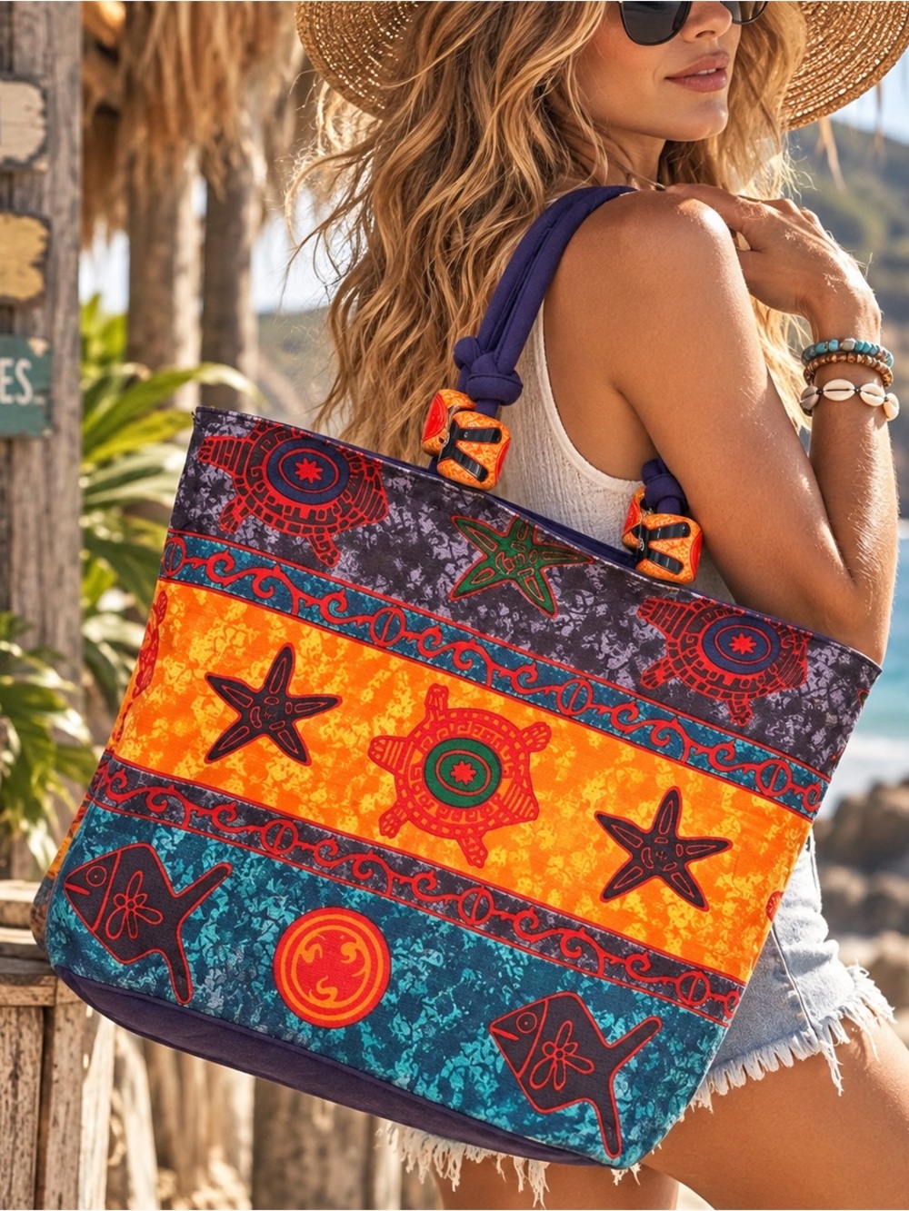 Vintage Sun N Sand Tropical Beach Tote Bag Fish Turtle Starfish Canvas